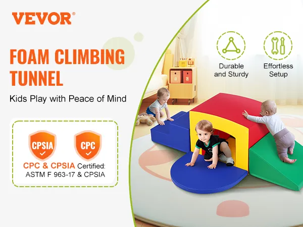 VEVOR toddler climbing toys foam tunnel, kids playing indoors, durable and sturdy, effortless setup.