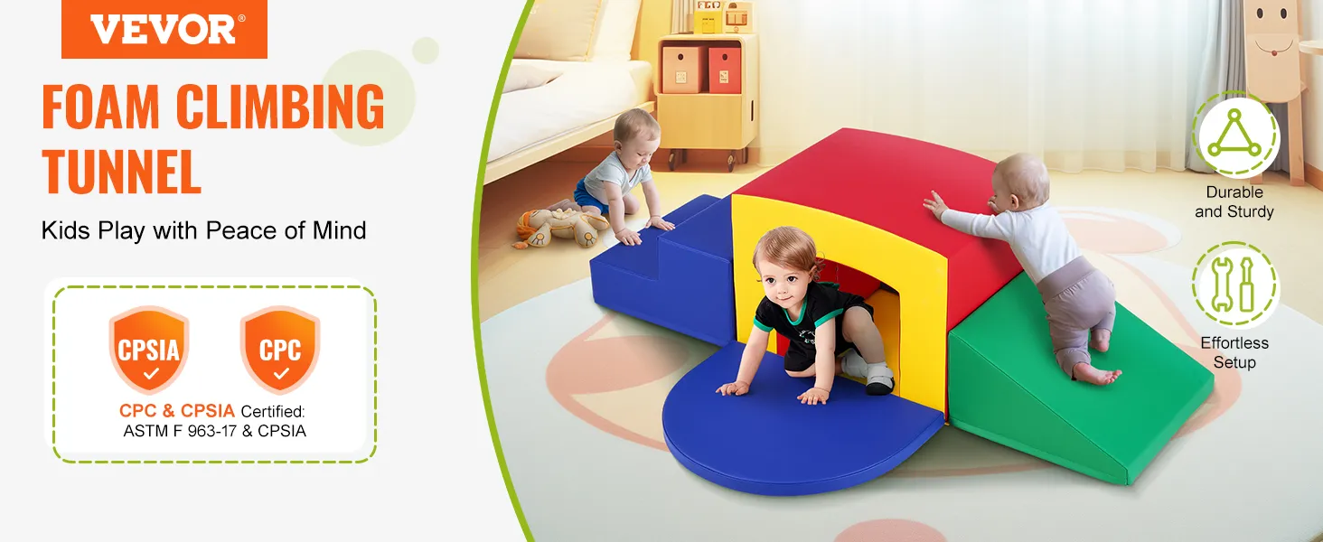 VEVOR toddler climbing toys foam tunnel, kids playing indoors, durable and sturdy, effortless setup.