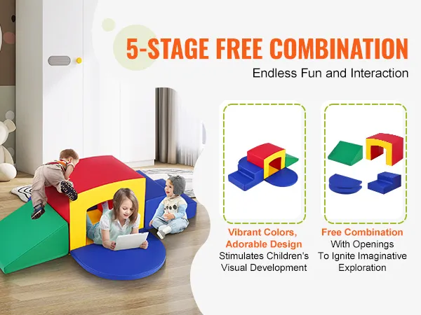children playing with VEVOR toddler climbing toys in vibrant colors, showcasing 5-stage free combination set.