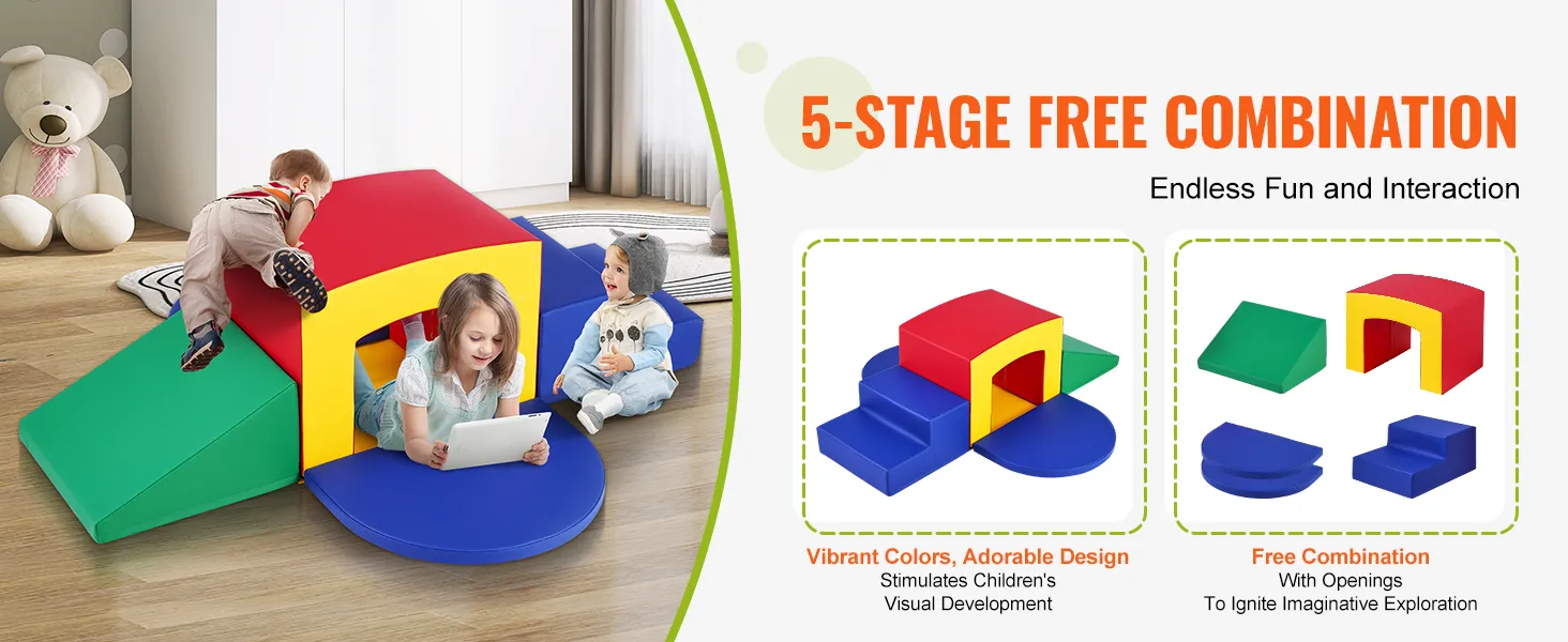 children playing with VEVOR toddler climbing toys in vibrant colors, showcasing 5-stage free combination set.