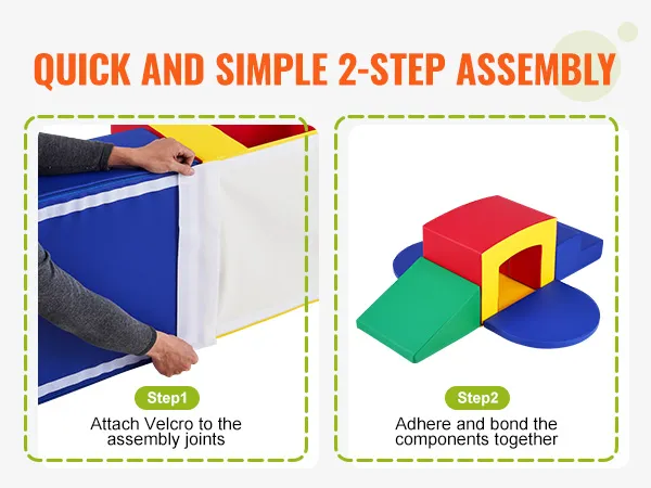 quick and simple 2-step assembly for VEVOR toddler climbing toys with velcro attachment and bonding components.