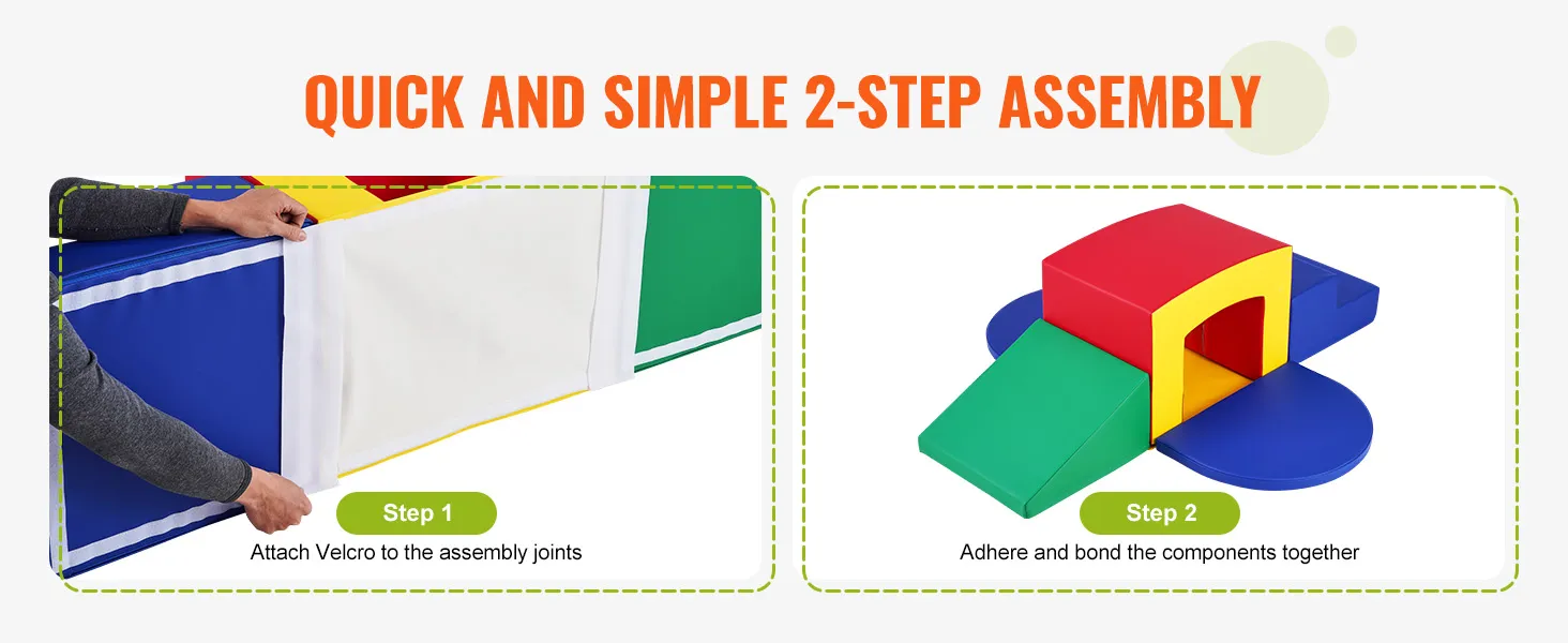 quick and simple 2-step assembly for VEVOR toddler climbing toys with velcro attachment and bonding components.