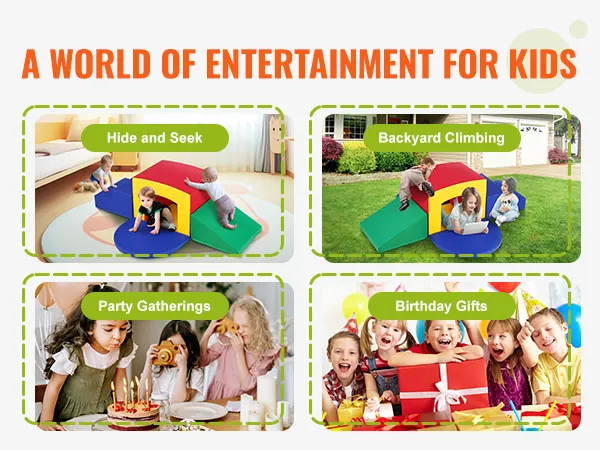 VEVOR toddler climbing toys in various play scenarios: indoor, backyard, parties, and as birthday gifts.