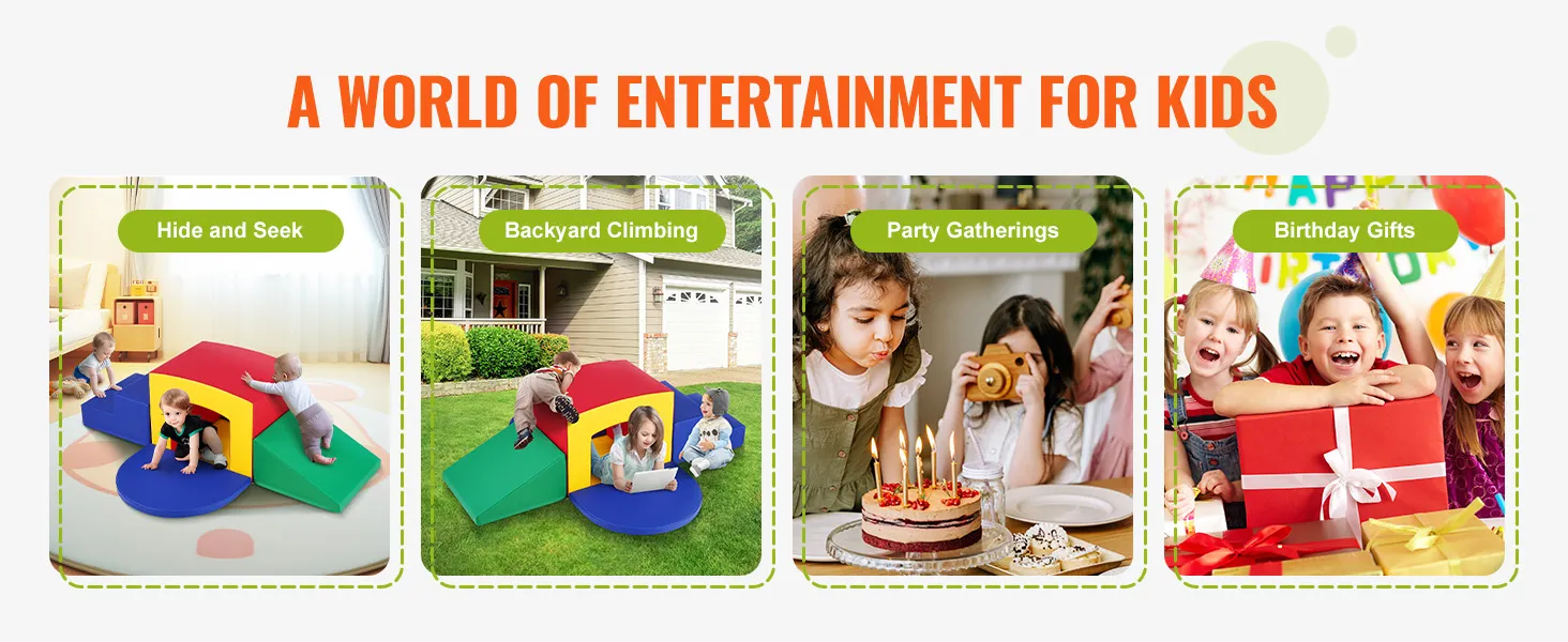VEVOR toddler climbing toys in various play scenarios: indoor, backyard, parties, and as birthday gifts.
