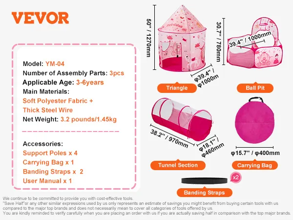 VEVOR kids play tent set includes a triangle tent, ball pit, tunnel, carrying bag, and accessories.