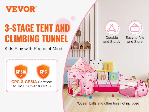 VEVOR kids play tent: 3-stage tent and climbing tunnel, durable, easy to fold, certified cpsia and cpc.