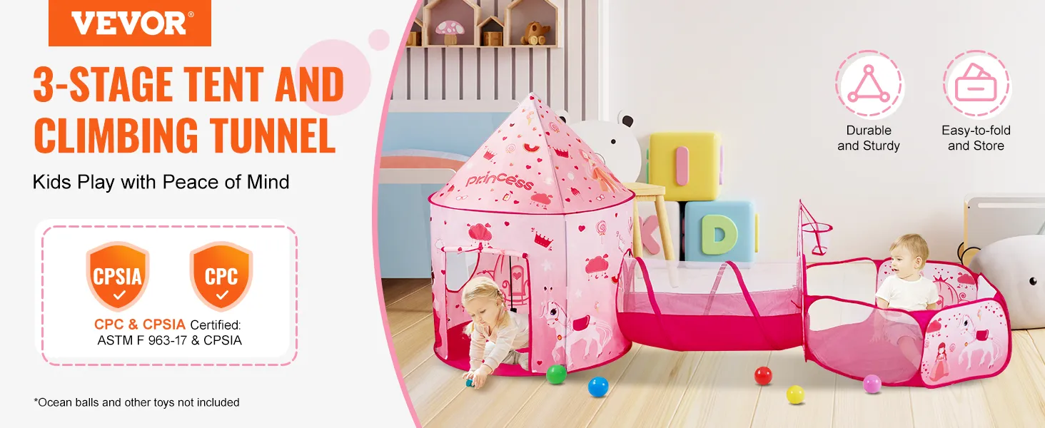 VEVOR kids play tent: 3-stage tent and climbing tunnel, durable, easy to fold, certified cpsia and cpc.