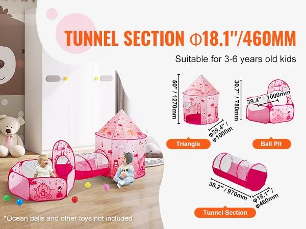VEVOR kids play tent featuring pink designs, tunnel section, ball pit, and triangle tent for ages 3-6.
