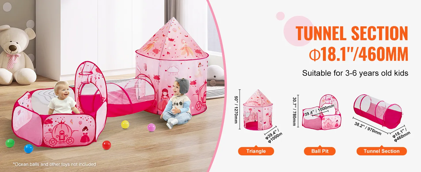 VEVOR kids play tent featuring pink designs, tunnel section, ball pit, and triangle tent for ages 3-6.