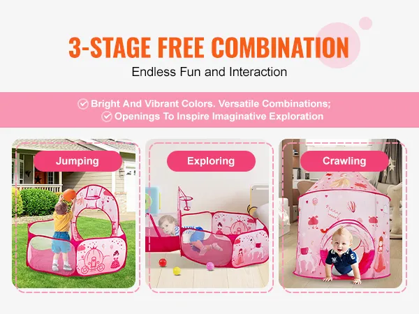 VEVOR kids play tent with bright colors, stages for jumping, exploring, and crawling activities.