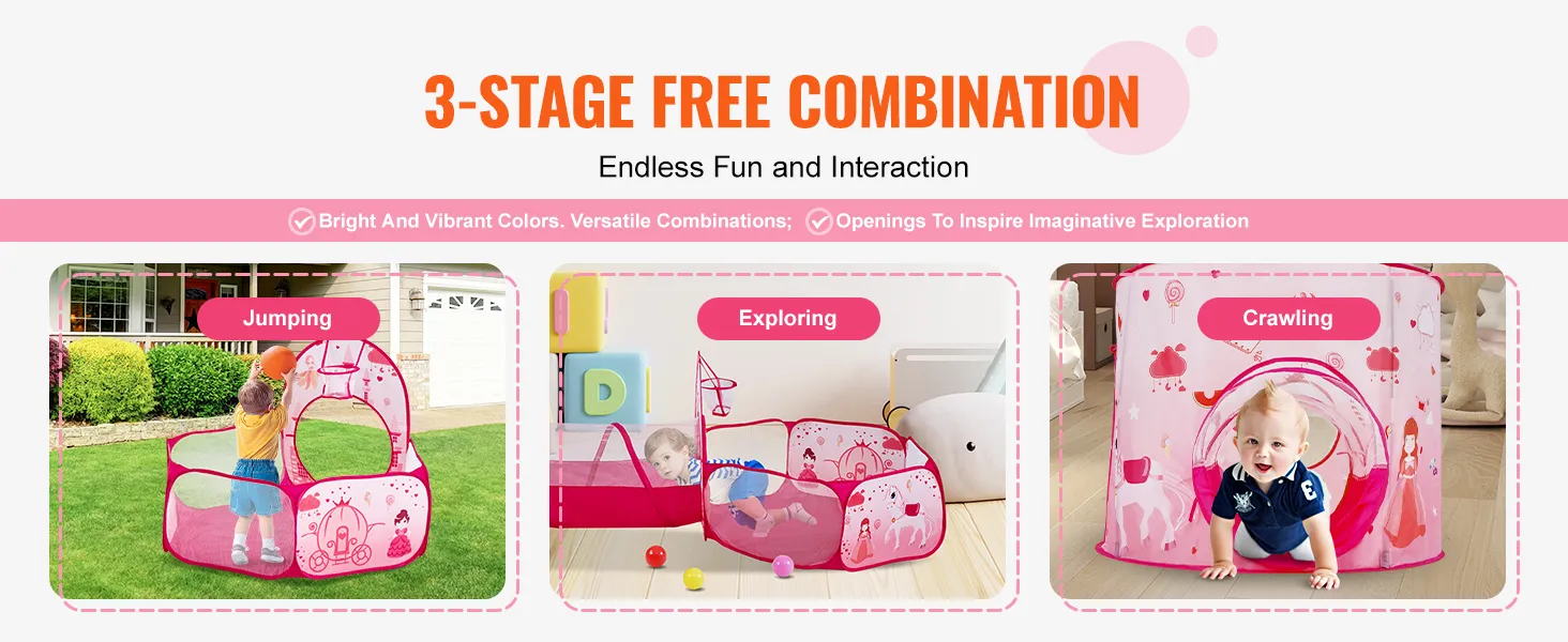 VEVOR kids play tent with bright colors, stages for jumping, exploring, and crawling activities.