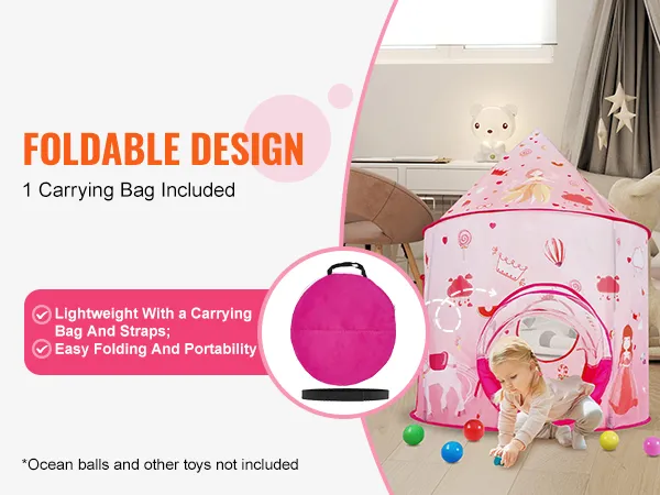 VEVOR kids play tent in a pink design with carrying bag; ideal for indoor fun and easy portability.