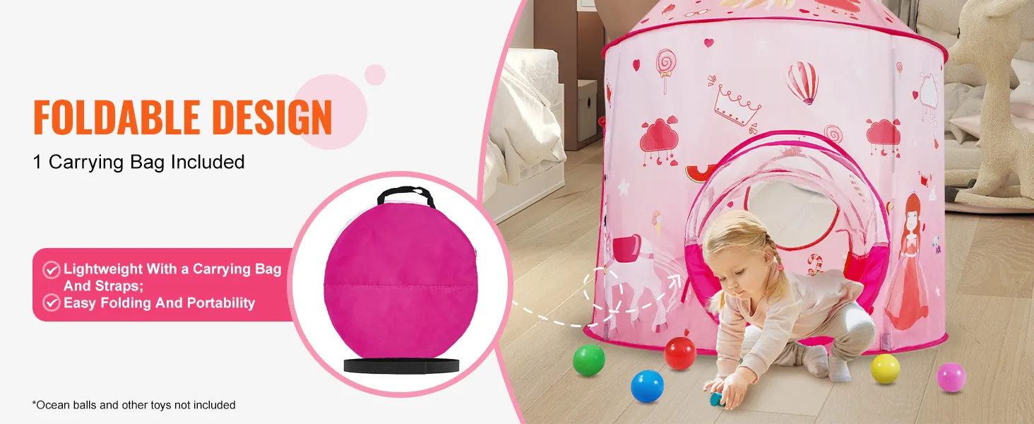 VEVOR kids play tent in a pink design with carrying bag; ideal for indoor fun and easy portability.