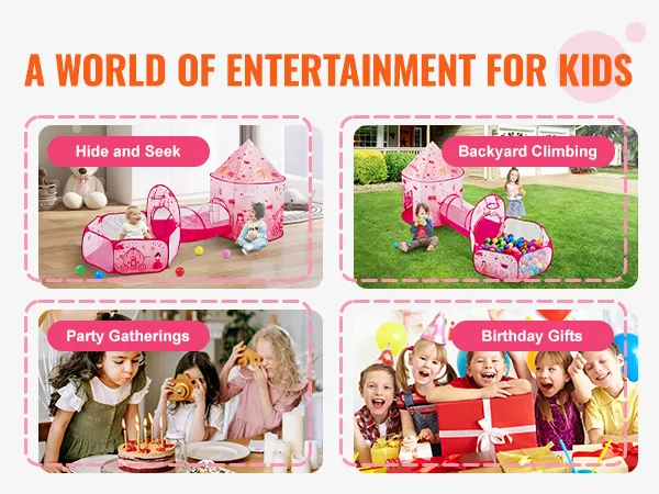 VEVOR kids play tent for hide and seek, backyard climbing, party gatherings, and birthday gifts.