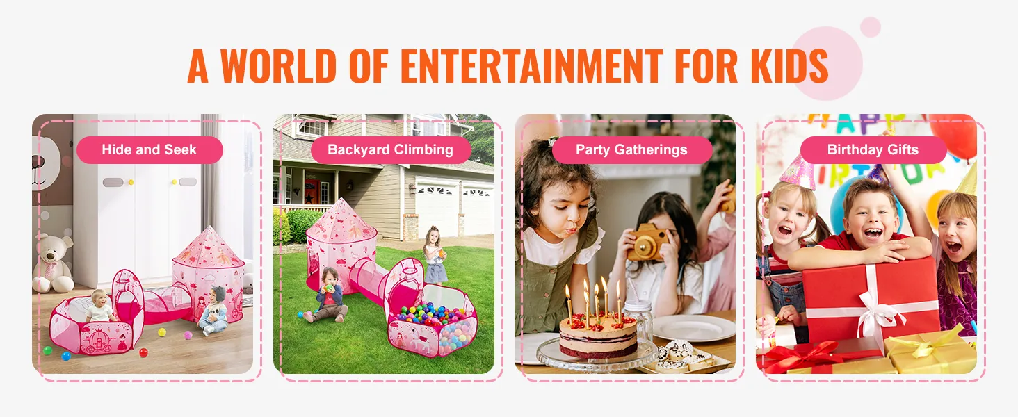 VEVOR kids play tent for hide and seek, backyard climbing, party gatherings, and birthday gifts.