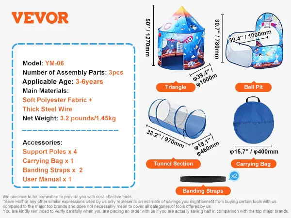 VEVOR kids play tent set includes triangle tent, ball pit, tunnel, carrying bag, and banding straps.