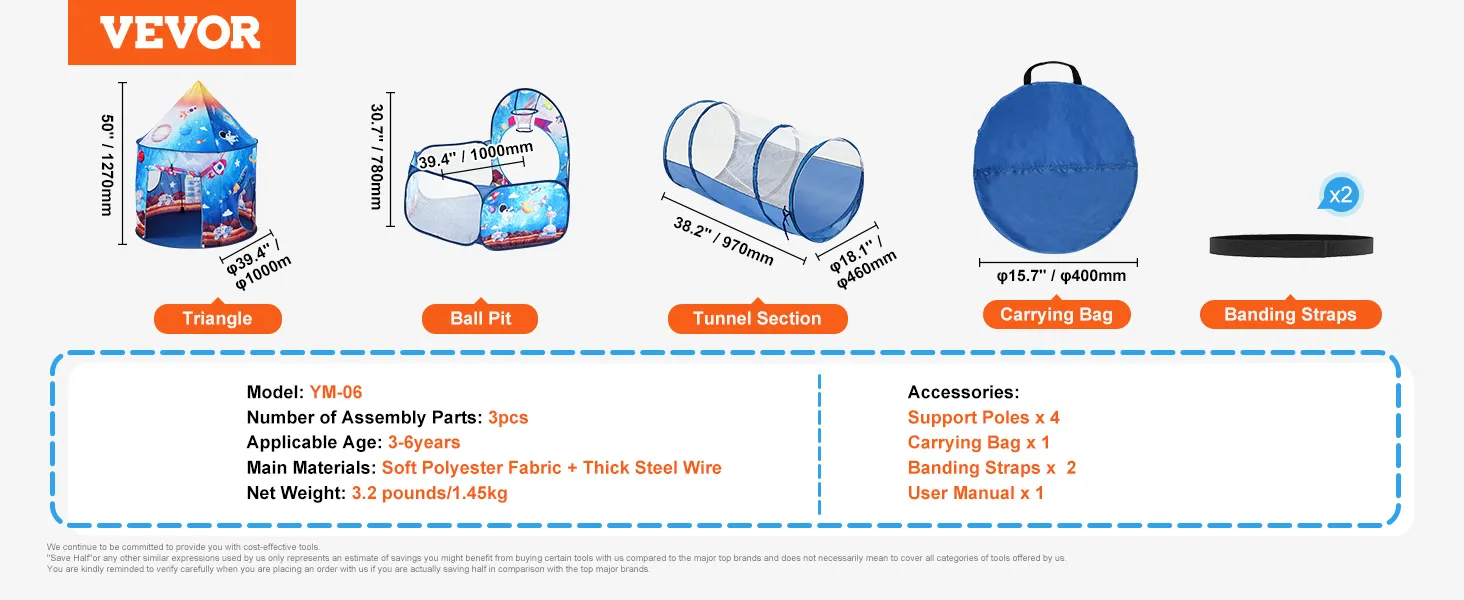 VEVOR kids play tent set includes triangle tent, ball pit, tunnel, carrying bag, and banding straps.