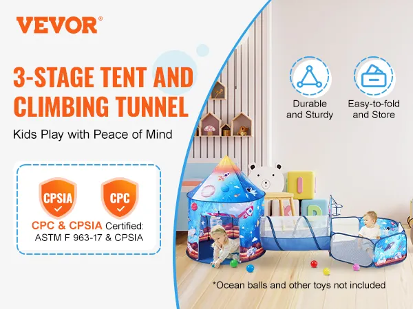 VEVOR kids play tent with 3-stage climbing tunnel, durable, easy-to-fold, cpc and cpsia certified.