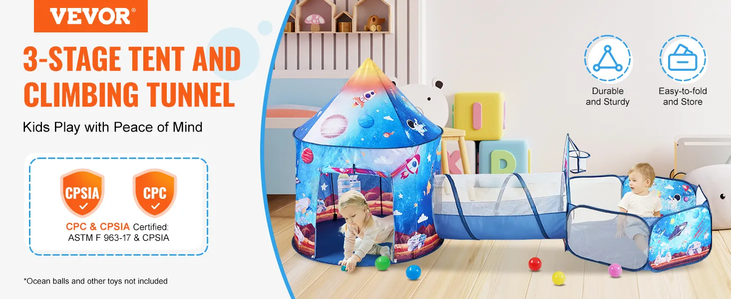 VEVOR kids play tent with 3-stage climbing tunnel, durable, easy-to-fold, cpc and cpsia certified.