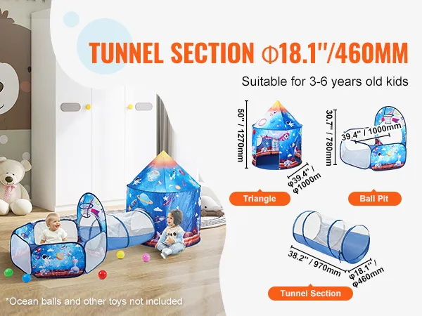 VEVOR kids play tent set with tunnel, ball pit, and triangle tent design, suitable for ages 3-6.