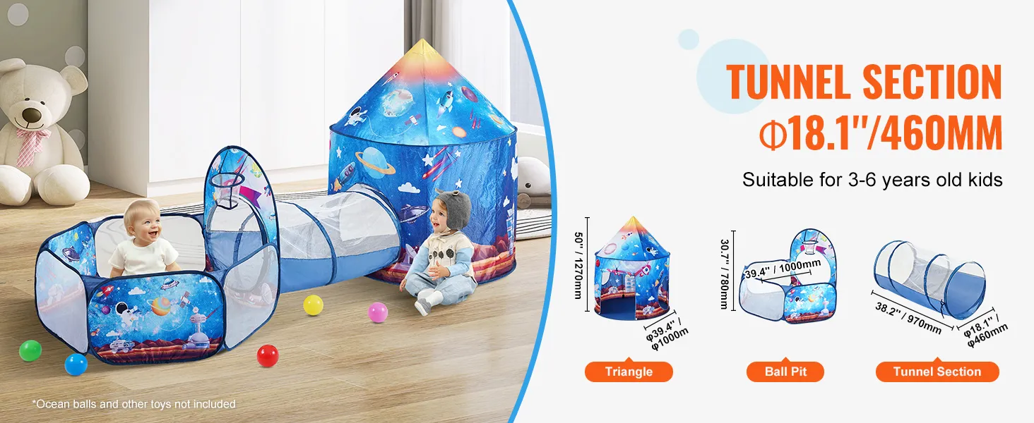 VEVOR kids play tent set with tunnel, ball pit, and triangle tent design, suitable for ages 3-6.