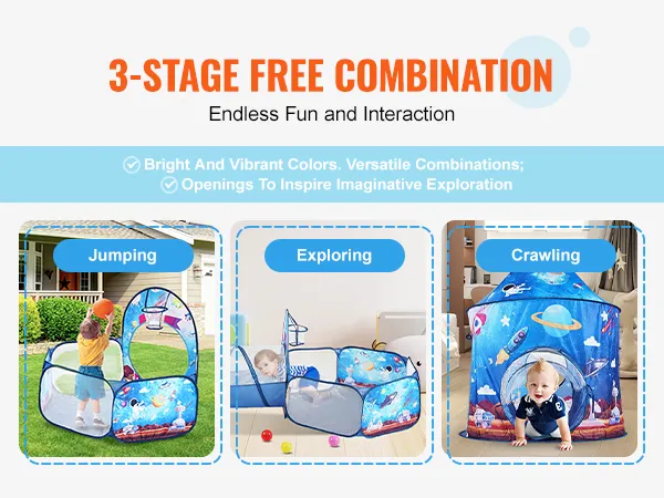 VEVOR kids play tent with sections for jumping, exploring, and crawling, promoting imaginative play.