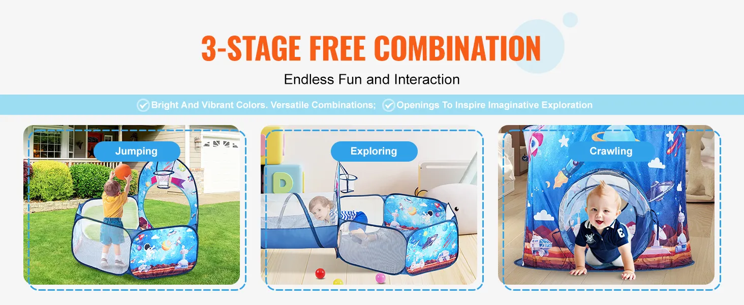 VEVOR kids play tent with sections for jumping, exploring, and crawling, promoting imaginative play.