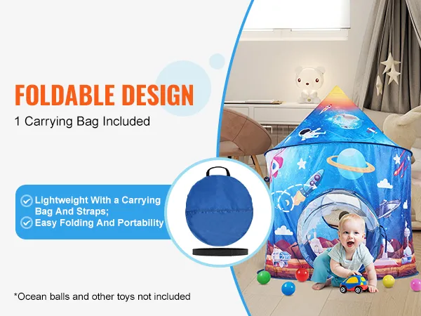 VEVOR kids play tent with space-themed design, foldable, and includes carrying bag for easy portability.