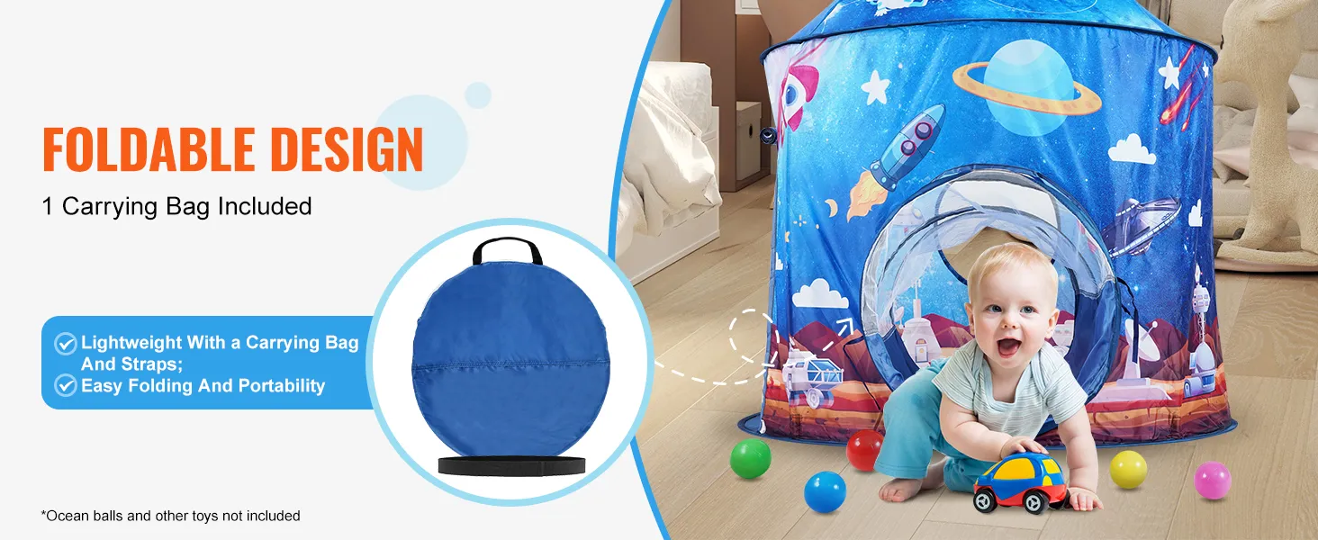 VEVOR kids play tent with space-themed design, foldable, and includes carrying bag for easy portability.