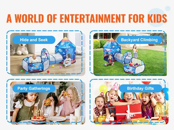 a world of entertainment for kids with VEVOR kids play tent for hide and seek, backyard climbing, party gatherings, and birthday gifts.