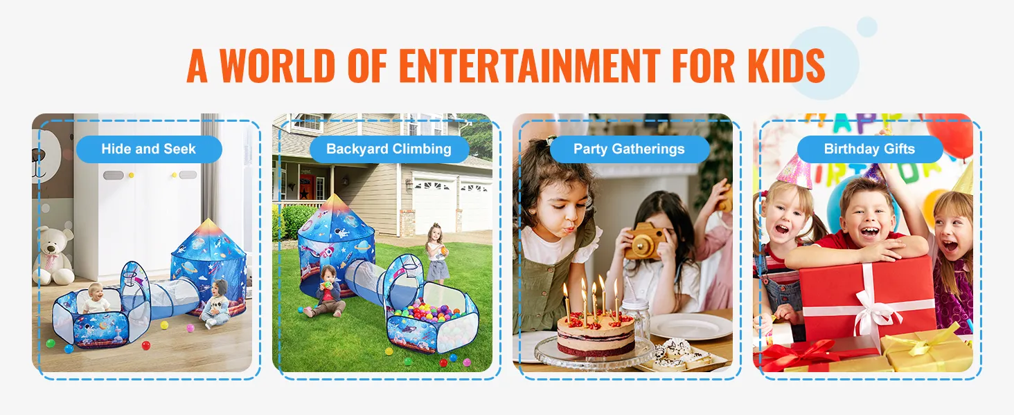 a world of entertainment for kids with VEVOR kids play tent for hide and seek, backyard climbing, party gatherings, and birthday gifts.