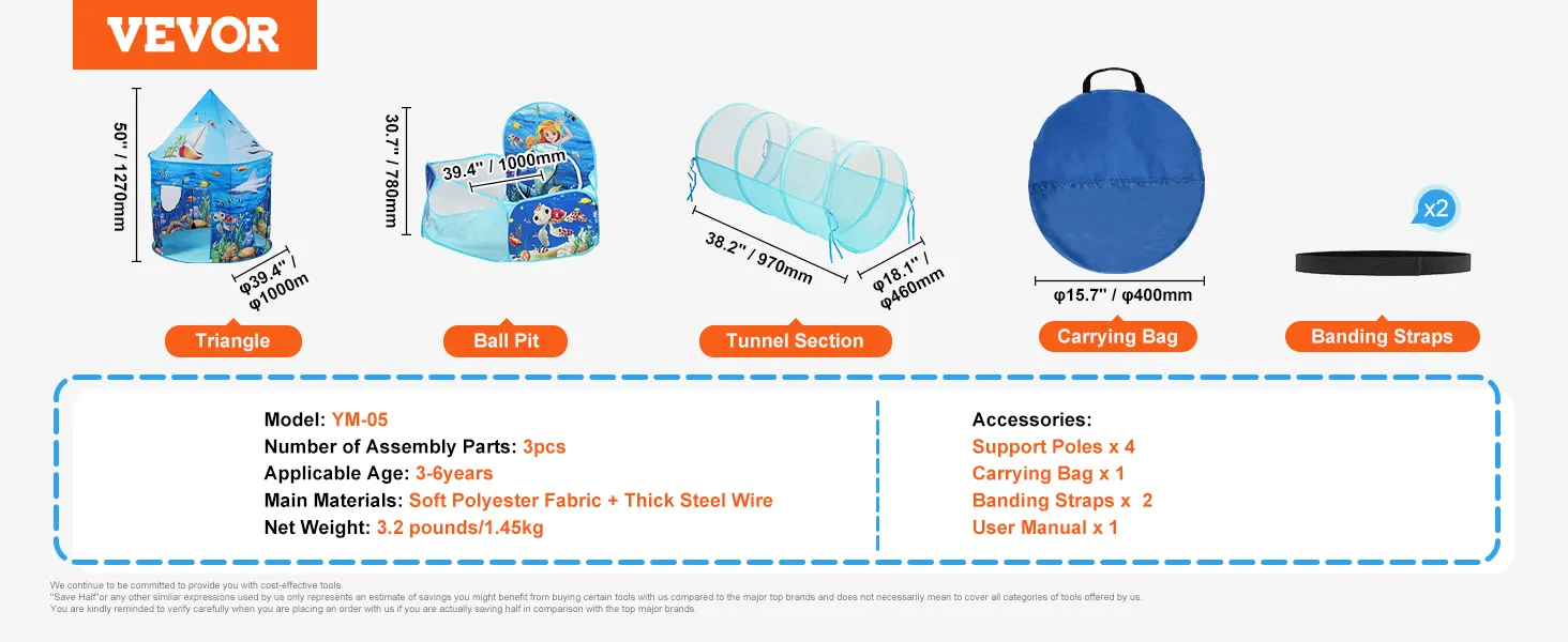 VEVOR kids play tent with ball pit, tunnel section, carrying bag, and banding straps for ages 3-6.