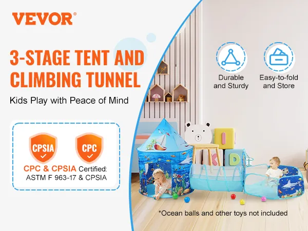 VEVOR kids play tent 3-stage tent and climbing tunnel, durable, foldable, in a colorful playroom.