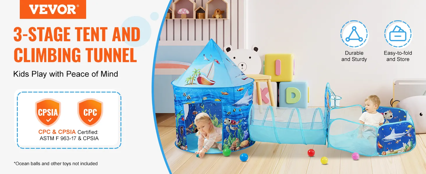 VEVOR kids play tent 3-stage tent and climbing tunnel, durable, foldable, in a colorful playroom.