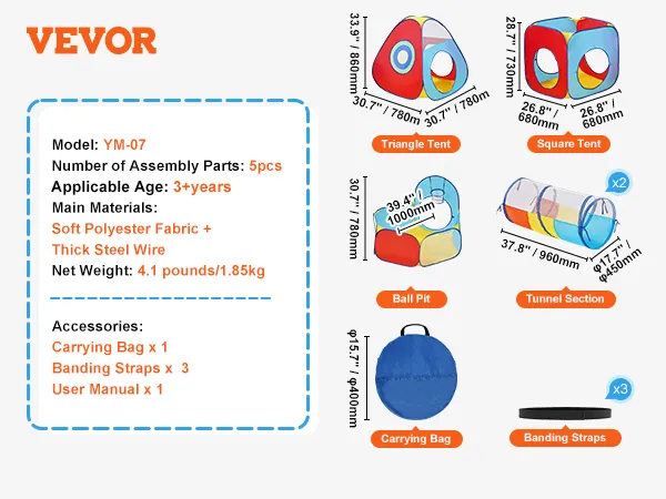 VEVOR kids play tent features triangle tent, square tent, ball pit, tunnel, carrying bag, and banding straps.