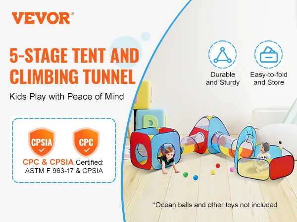 VEVOR kids play tent 5-stage with tunnel, colorful design, certified durable and easy to fold and store.