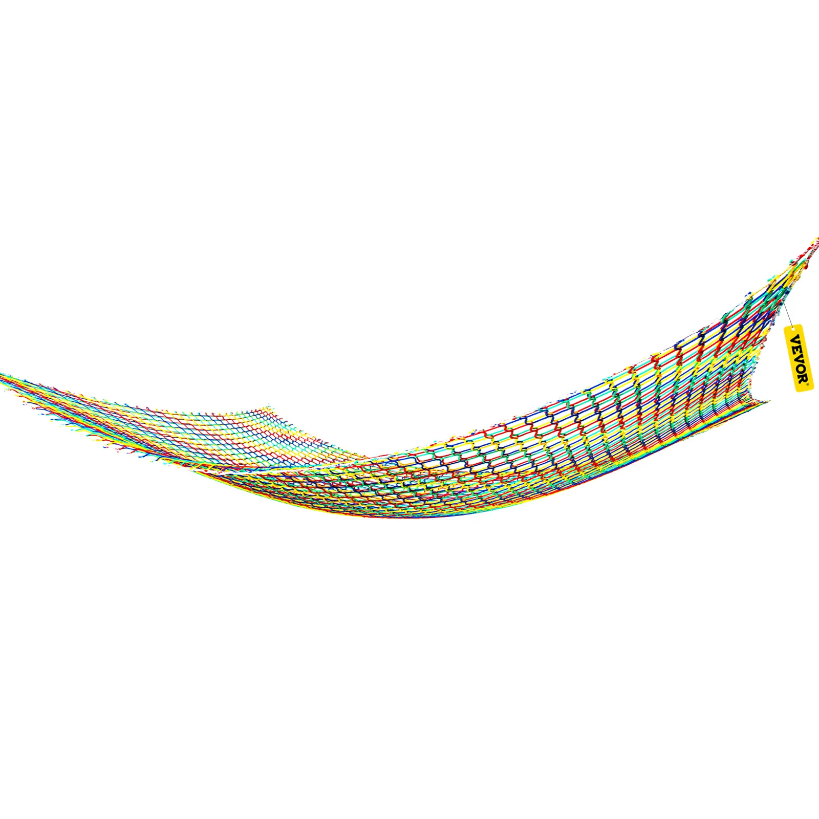 colorful VEVOR climbing cargo net with a hanging curved shape and a yellow tag on the right.