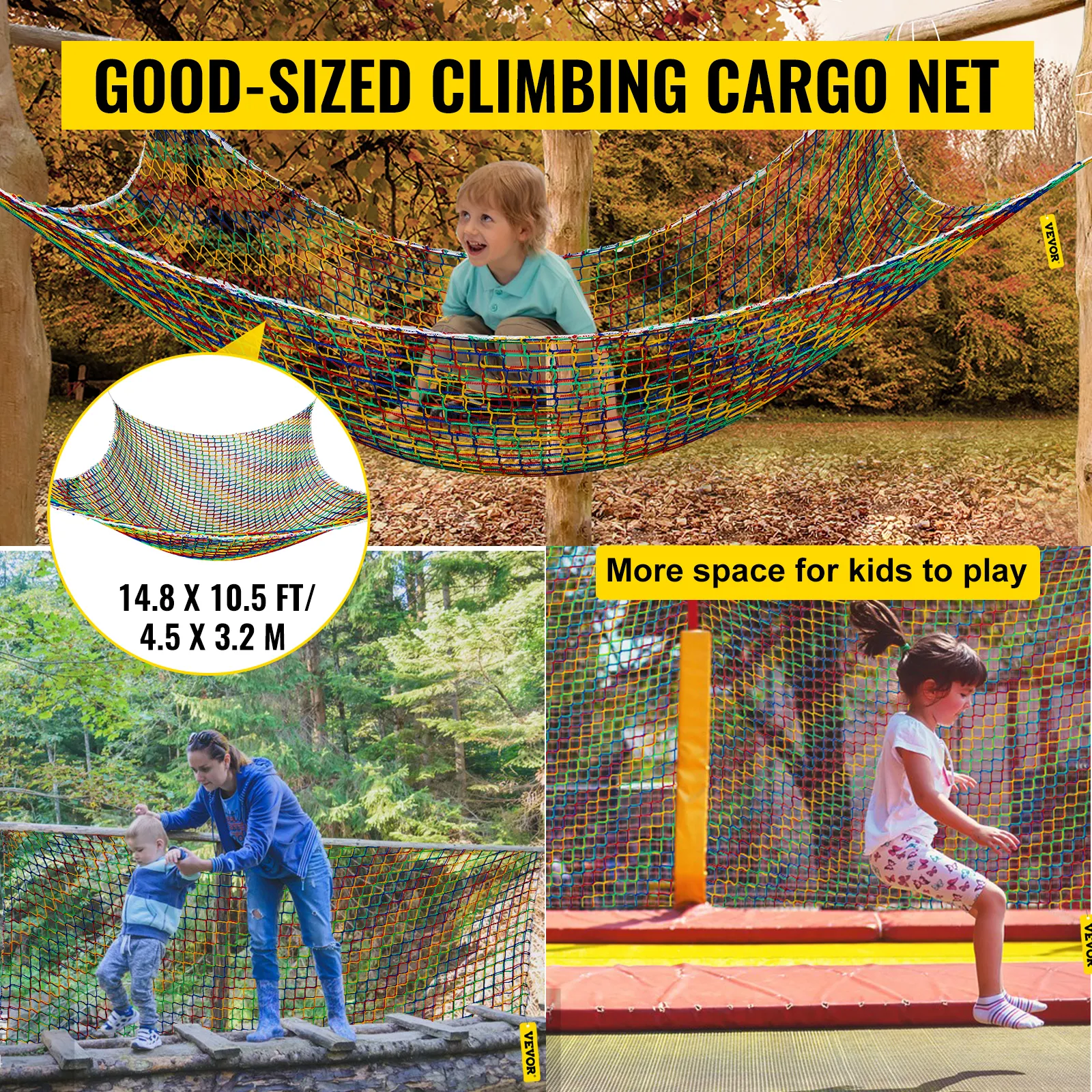 VEVOR climbing cargo net in a playground with kids playing and overall dimensions displayed.