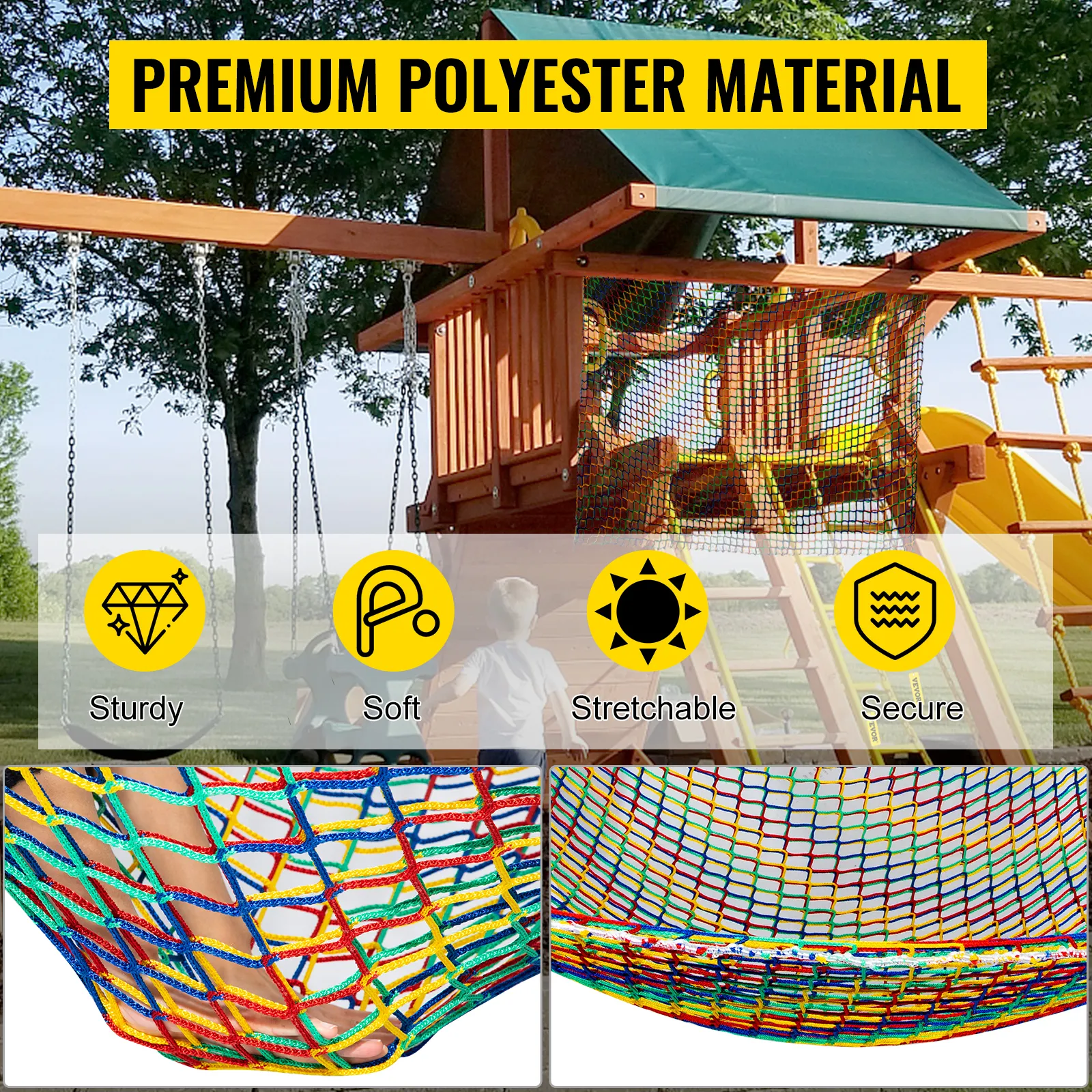 wooden playset with VEVOR climbing cargo net, premium polyester, sturdy, soft, secure.