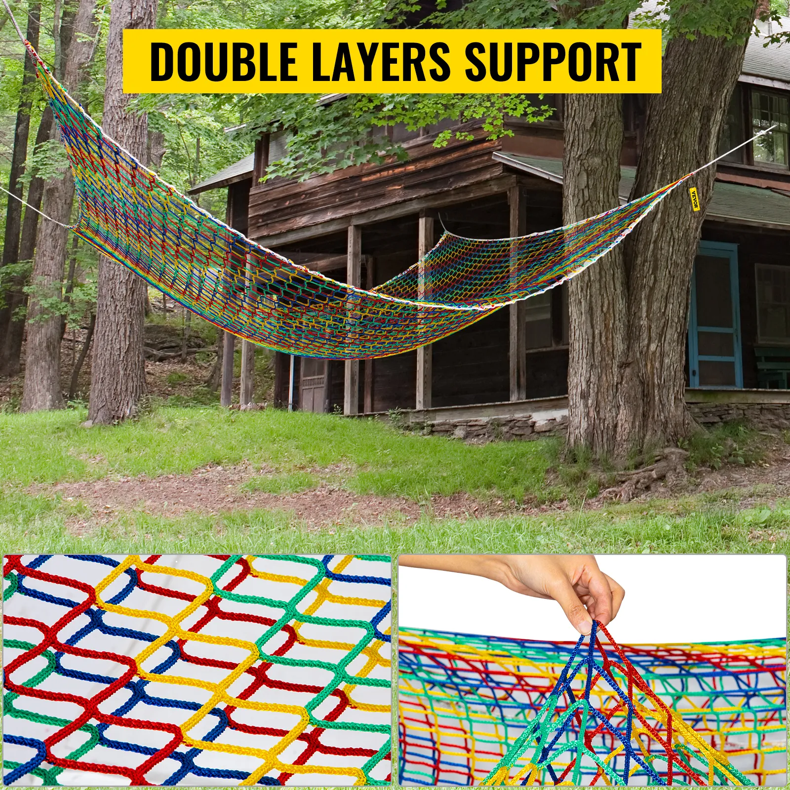 VEVOR climbing cargo net with double layers supporting a wooden cabin in a forest.