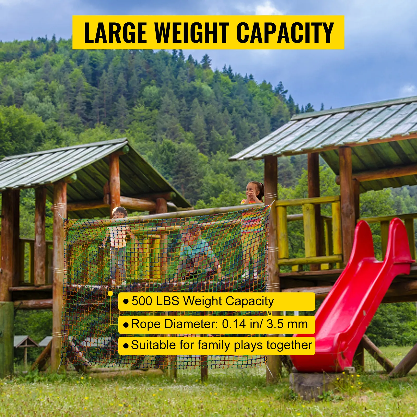 children climbing on VEVOR climbing cargo net with slide and wooden play structures.