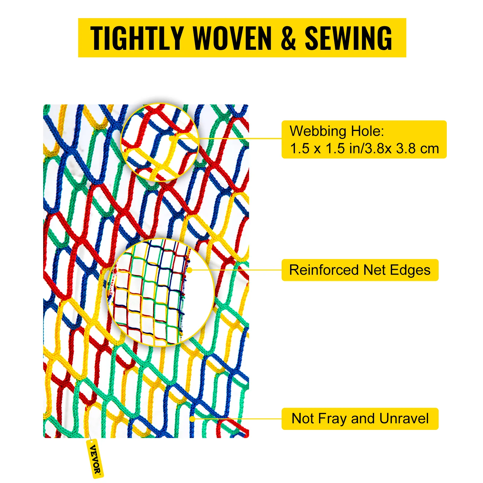 VEVOR climbing cargo net with reinforced edges, 1.5x1.5 in webbing holes, anti-fray design.