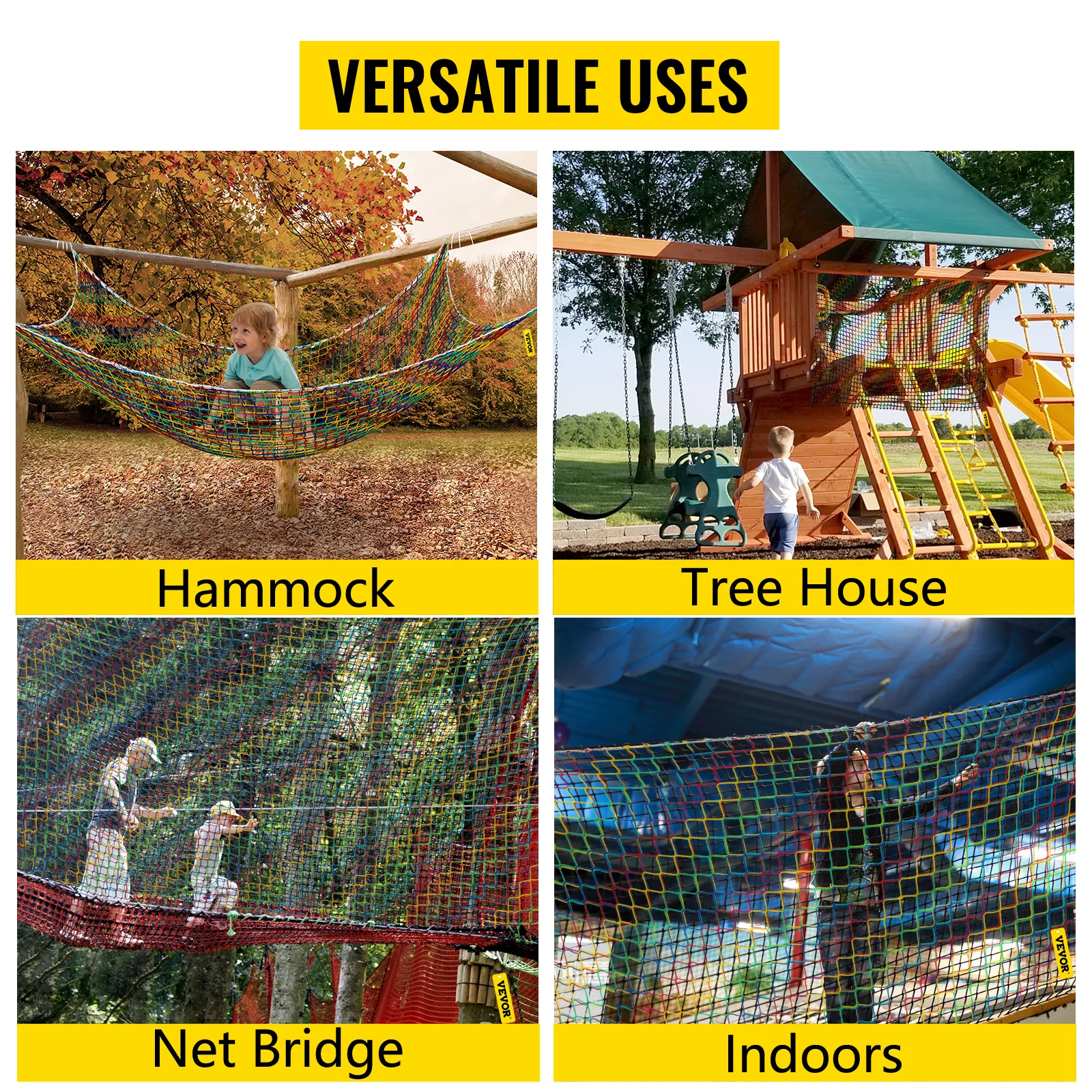 VEVOR climbing cargo net used as hammock, tree house net, net bridge, and indoors.