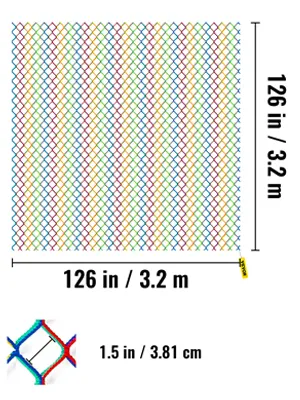 Red de carga de escalada VEVOR, 126 x 126 pulgadas, tamaño de malla de 1,5 pulgadas, detalles de red coloridos.