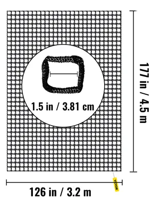 VEVOR climbing cargo net, 177 in x 126 in with 1.5 in mesh size.
