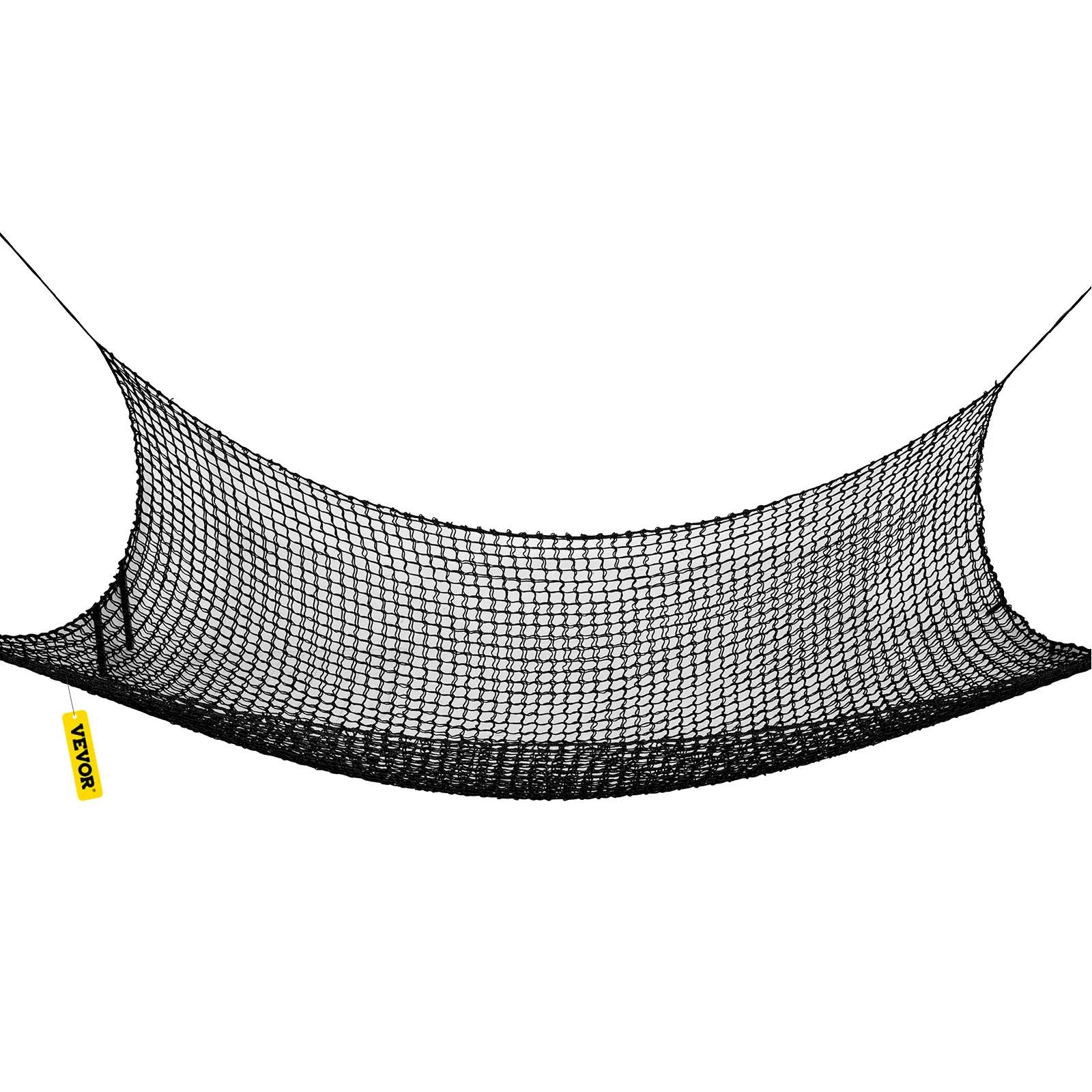 black VEVOR climbing cargo net suspended with a yellow VEVOR tag.
