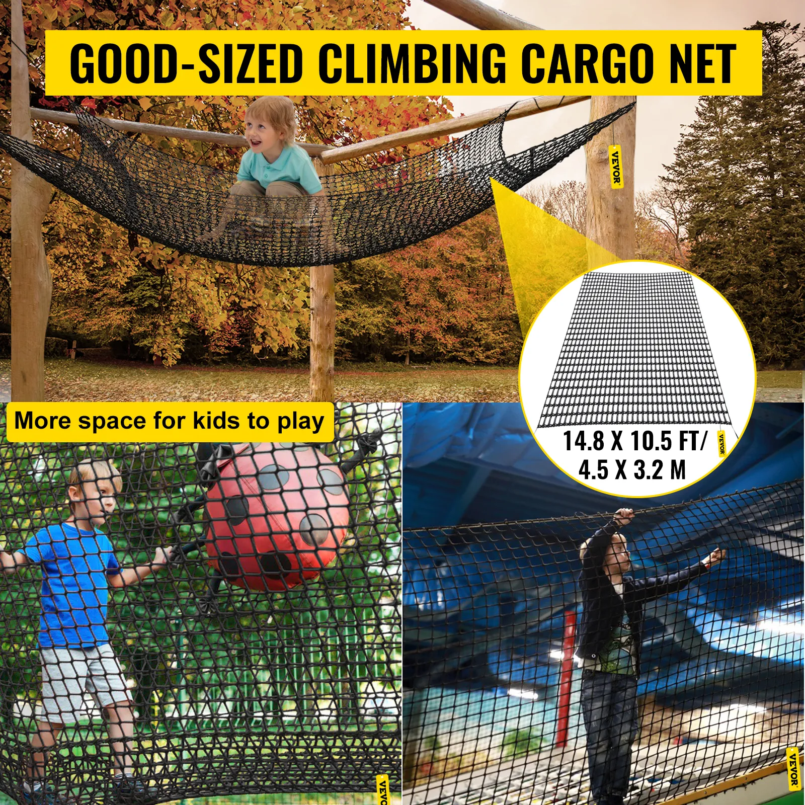 VEVOR climbing cargo net for kids, 14.8 x 10.5 ft, outdoor play accessory.