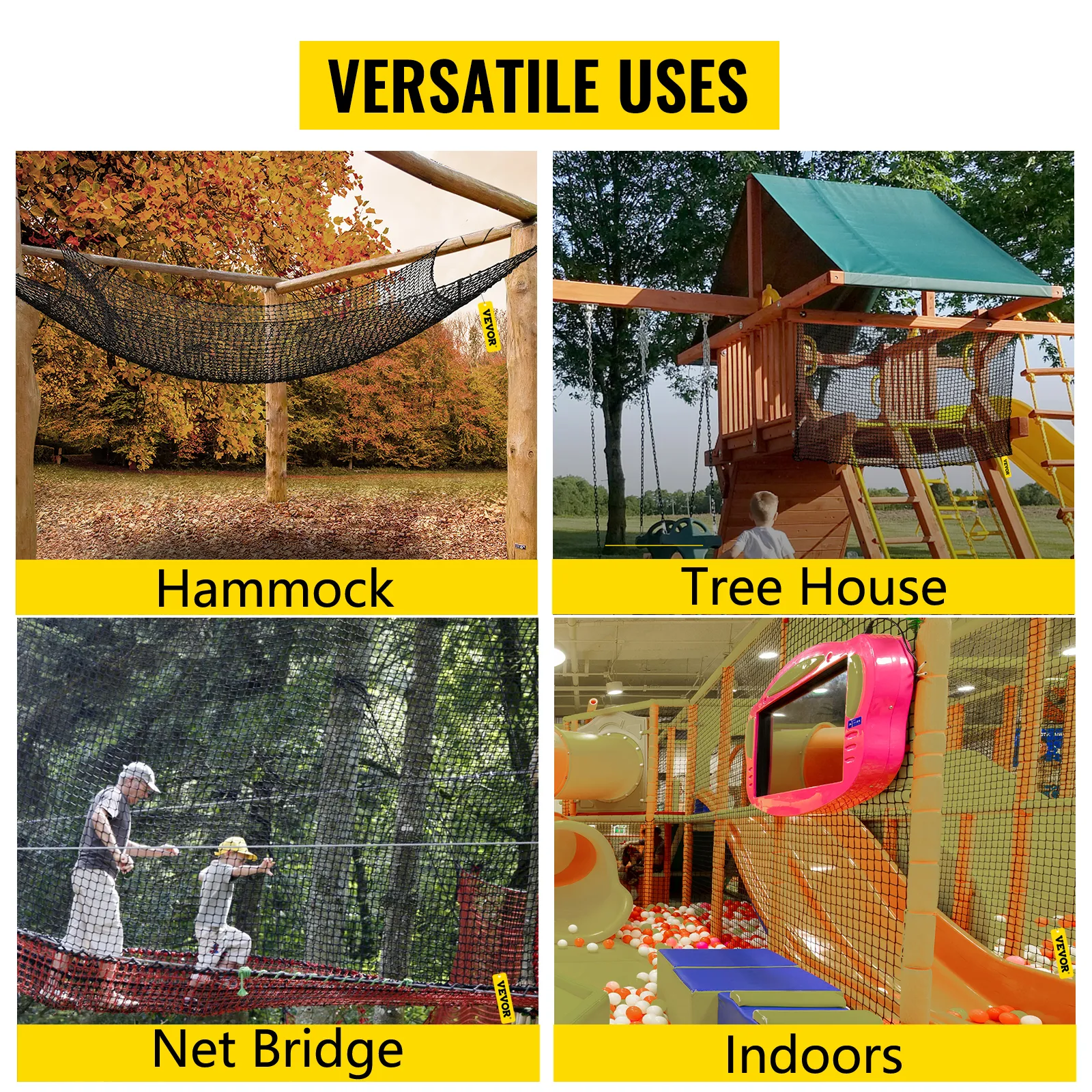 VEVOR climbing cargo net used for hammock, tree house, net bridge, and indoor playgrounds.