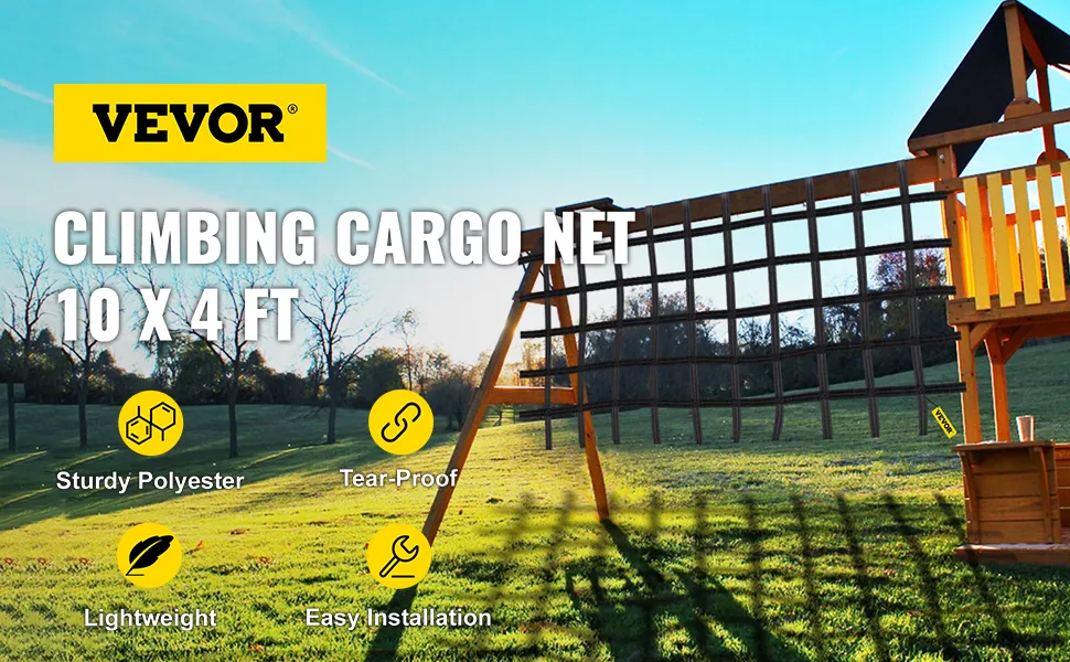 Red de carga para escalada VEVOR en juego con texto que describe el tamaño y las características.