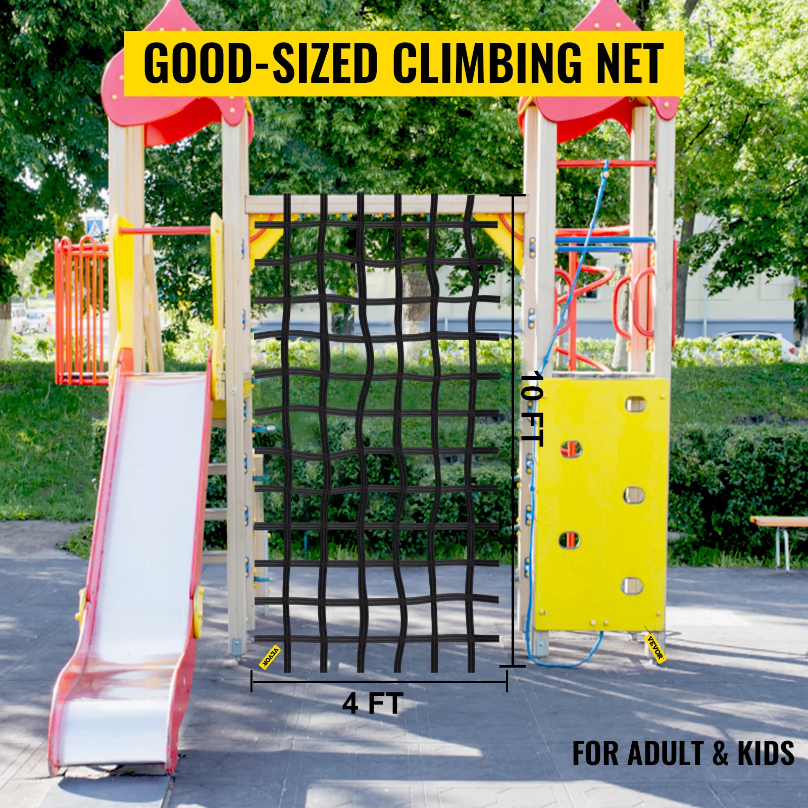 Red de carga de escalada VEVOR en un colorido parque infantil para adultos y niños.